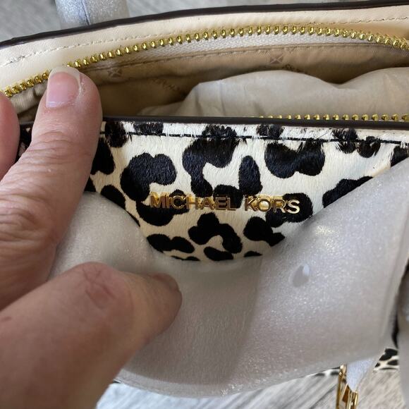 Michael Kors Lt Cream Multi Cheetah Leather Avril Satchel Crossbody Bag Purse XS - Picture 9 of 10